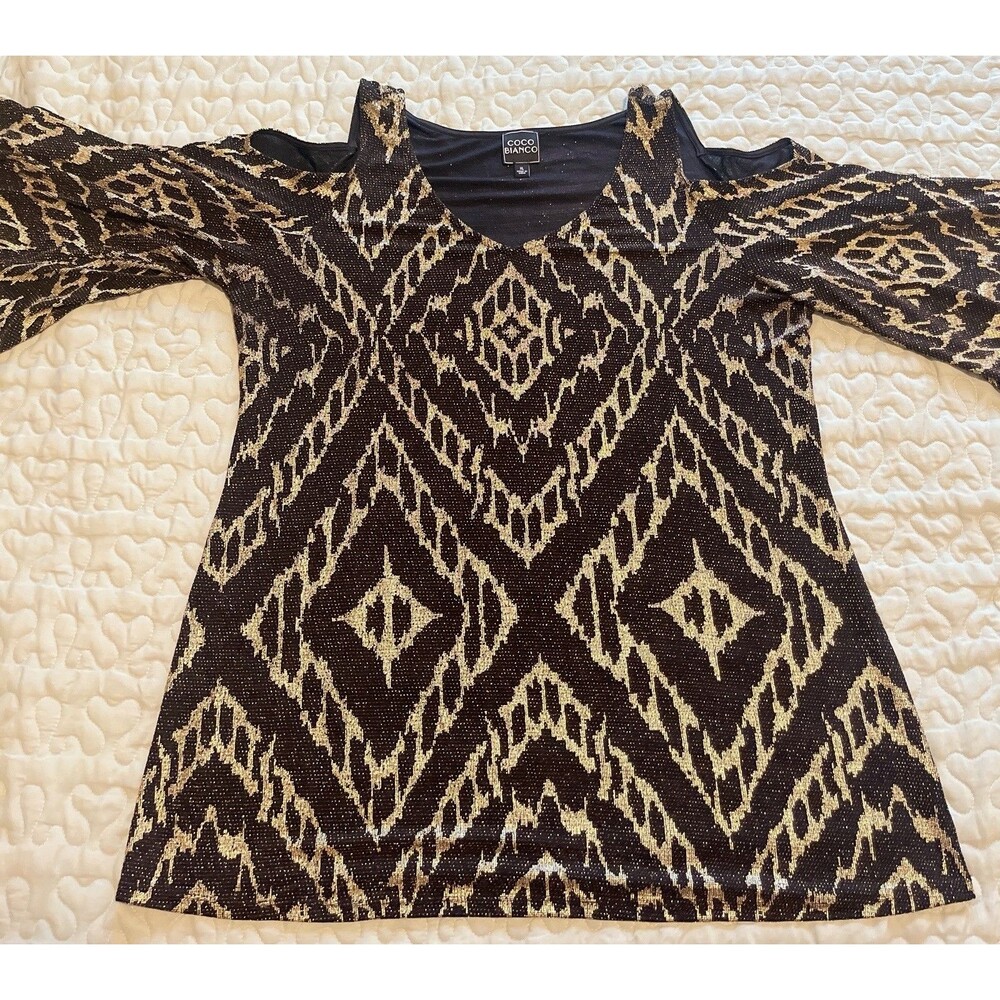 Coco Bianco Women’s XL Cold Shoulder Long Tunic Top Or Mini Dress Black Gold